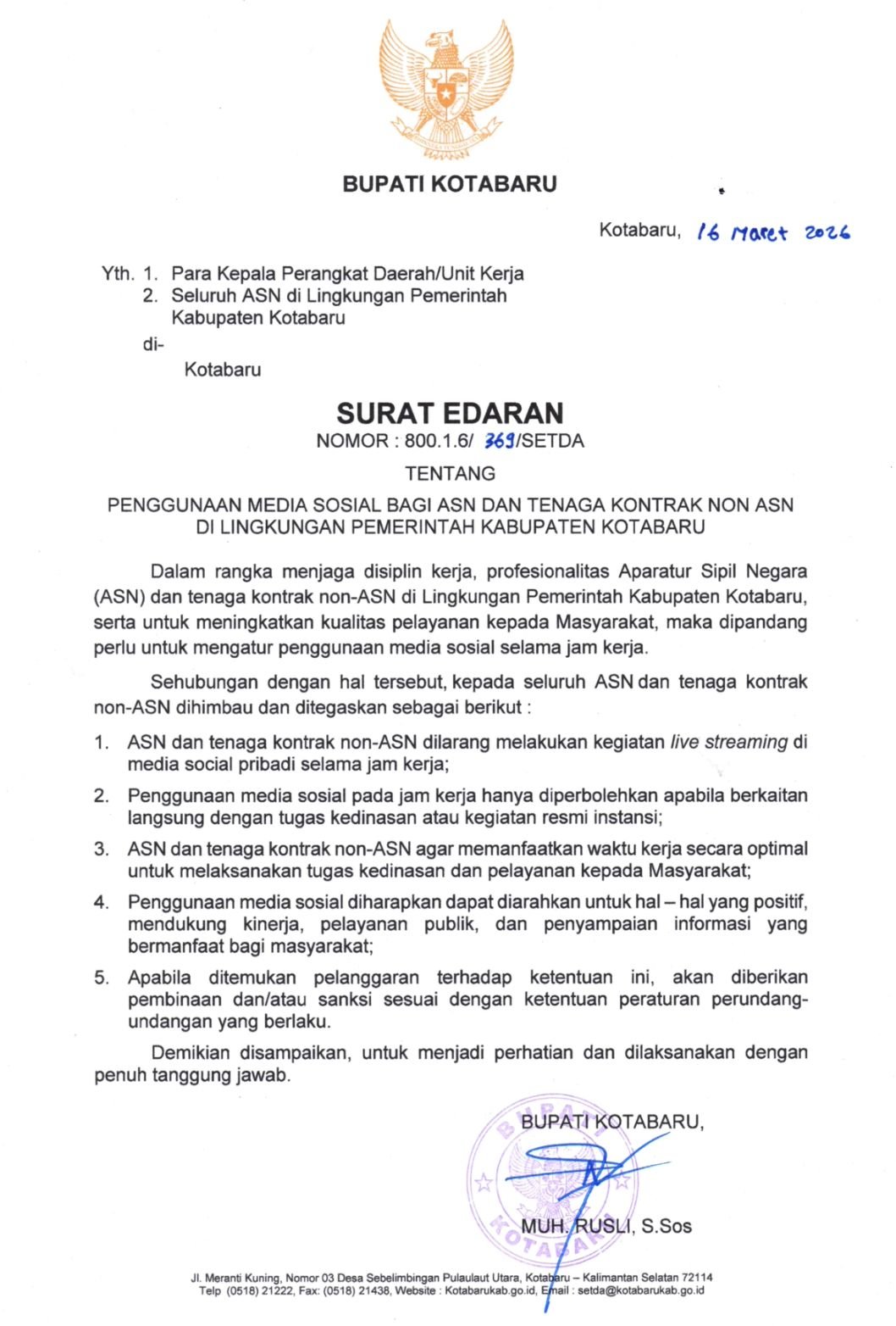 Jaga Disiplin, Pemkab Kotabaru Batasi Penggunaan Media Sosial ASN